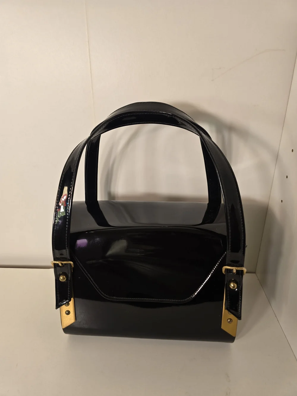 Vintage Black Patent Structured Box Handbag with Dual Handles